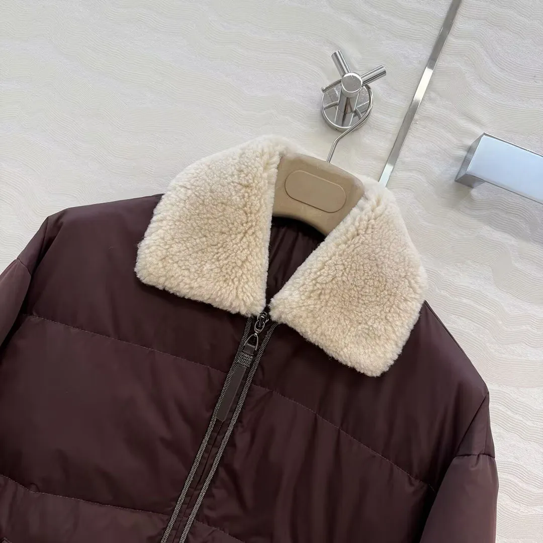 Nieuwe Winter Lamswol Revers Lange Mouw Losse Witte Ganzendons Jas Vrouwen Rits Casual Oude Geld Stijl Leuke Warme Jas