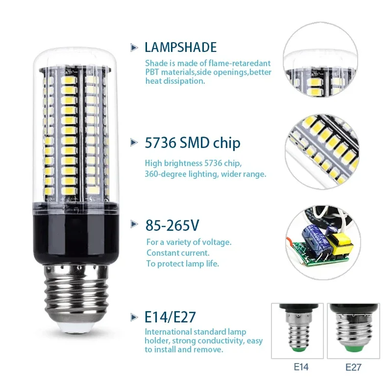 Imagem -03 - Lâmpada Led Candle Light ac 110v 220v E14 E27 Lâmpada de Milho 3.5w 5w 7w 9w 12w 15w Bombilla Smd 5736 Iluminação do Candelabro