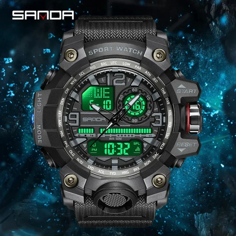 SANDA-Relógio de quartzo militar masculino, relógios de choque impermeável, relógio digital masculino, relógio, esportes, estilo de moda, novo, 3133, 50m