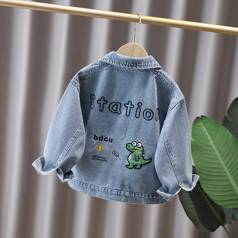 Autumn Spring New Boys Denim Shirts Coats Single Breasted Turn Collar Cartoon Dinosaur Print  Cowboy Jacket For 2-10 Years Kids