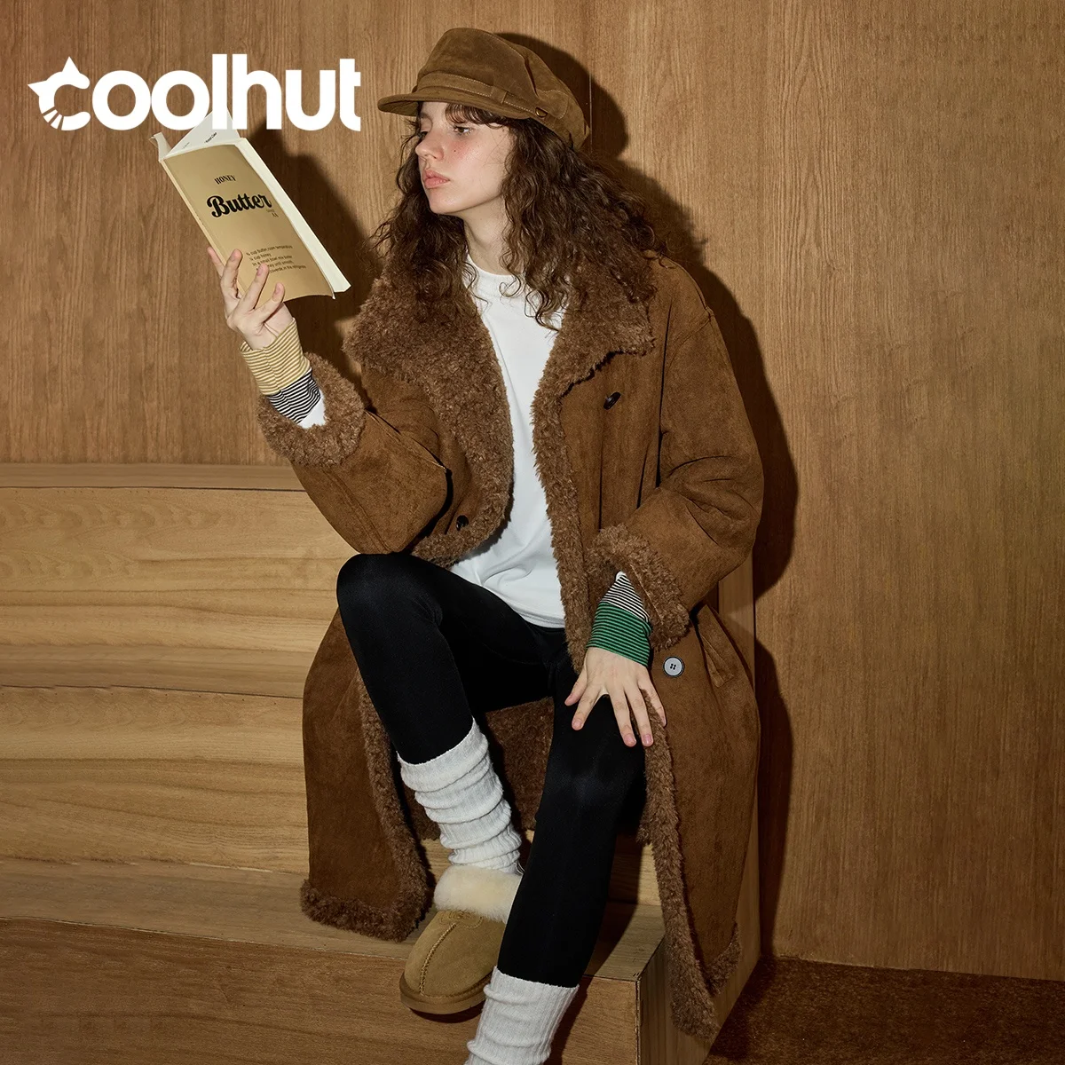 معطف COOLHUT Maillard ذو وجهين من الفرو الصناعي معطف شتوي كبير الحجم متوسط الطول معطف تبديل ثنائي الارتداء ملابس خارجية فاخرة ذات لون محايد