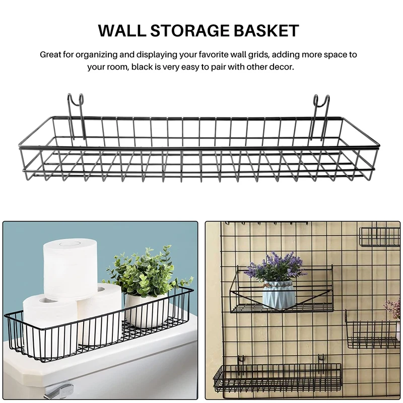 Hanging Basket For Wire Wall Grid Panel, Multi-Function Wall Storage And Display Basket, 40X10X5CM, Black Painted