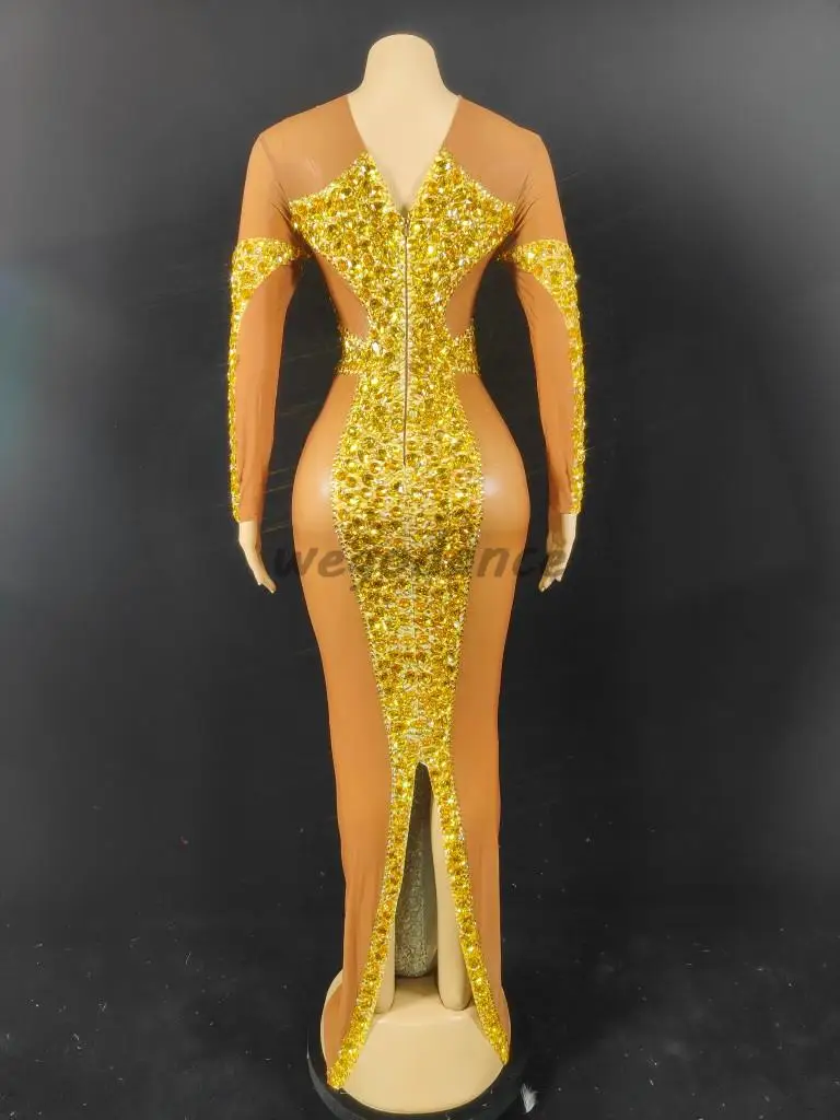 Sparkly Sexy Backless Costume Prom Outfit Evening Birthday Gold Crystals Transparent Long Dress