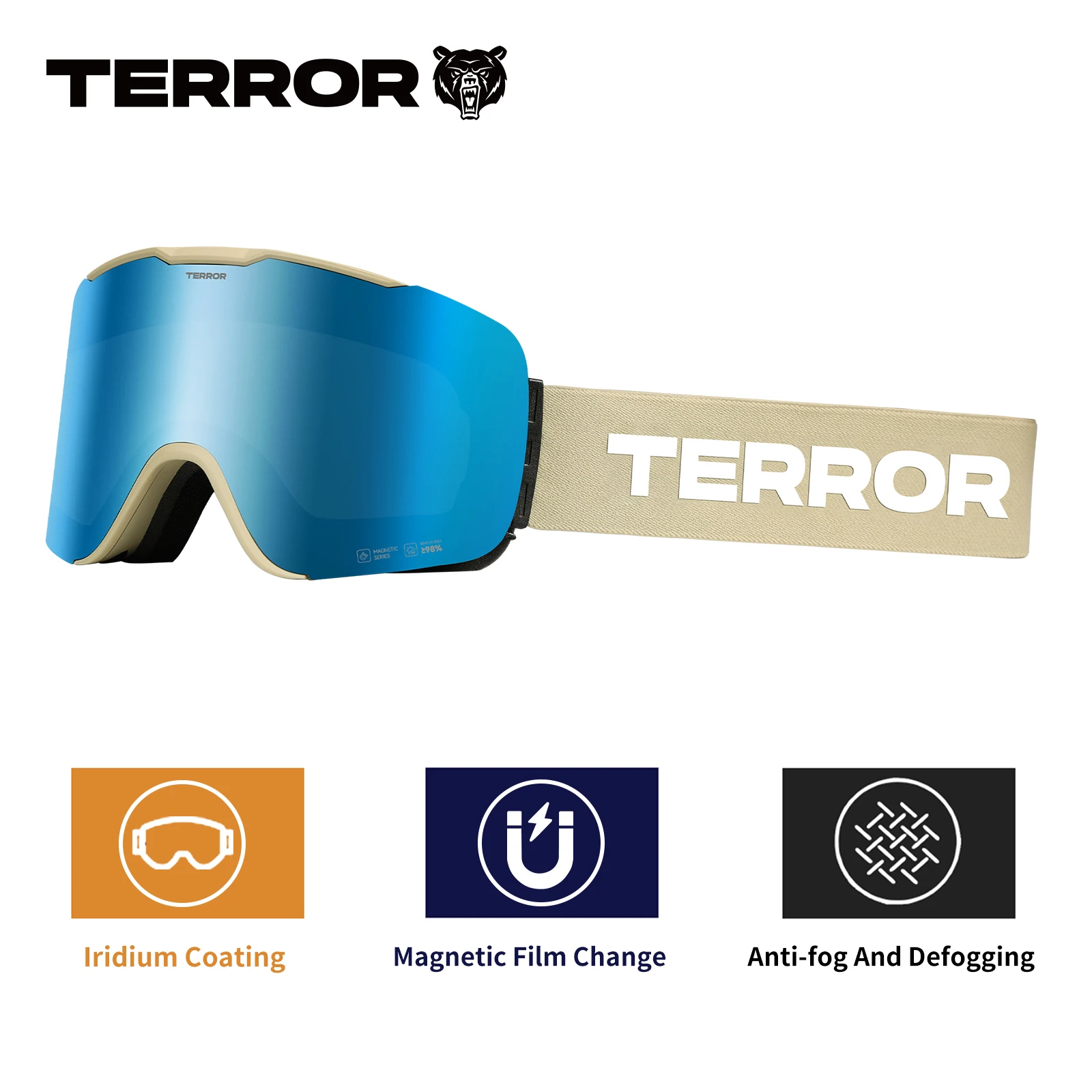 

TERROR P1 Magnetic Ski Goggles HD Anti-Fog Lens Asian Fit Snowboard Glasses for Men Women Winter Sports