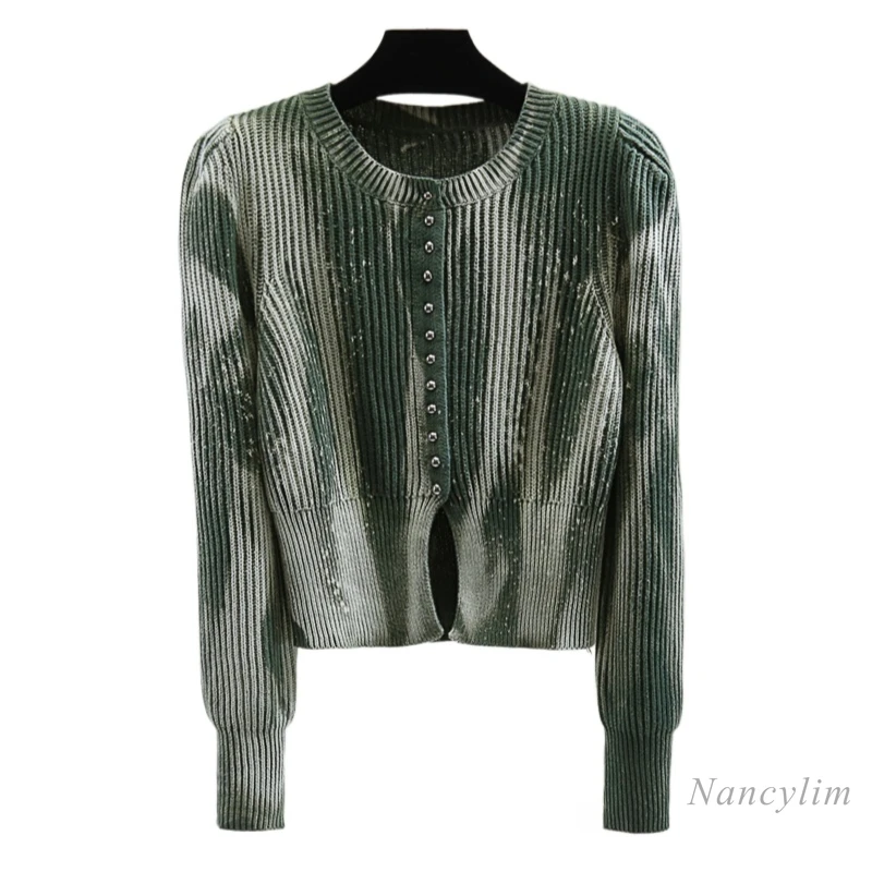 Ink Painting Round Neck Long-sleeved Knitted Cardigan Women Fall Winter Slim High Waist Short Tie-dye Sweater Coat Green Top