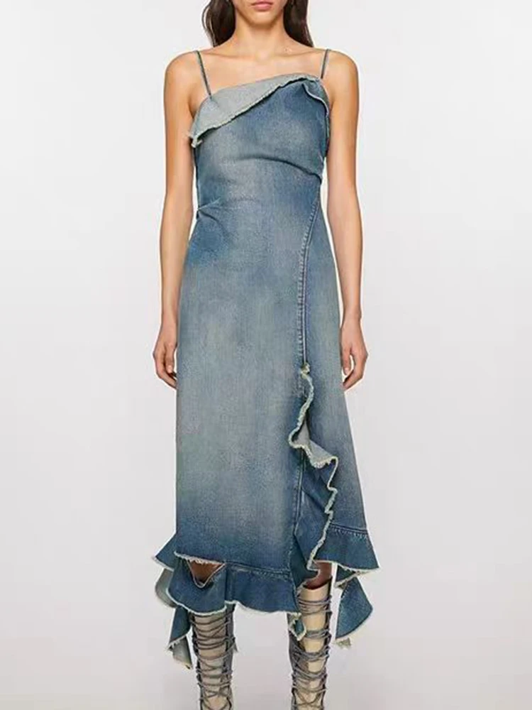 

Cowboy Halter Dress Temperament Elegant Backless Slim Irregular Grind Hem Long Women's Dresses 2024 Summer New