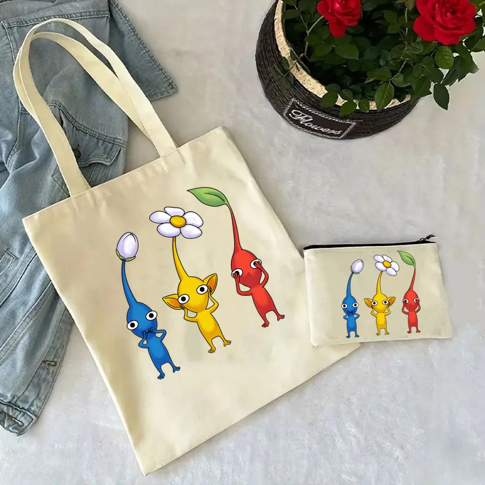 2pcs/set Pikmin Printed Shoulder Bag, Reusable Foldable Tote Bag Lunch Box Bag Handbag with Wristlet Clutch Bag for Women