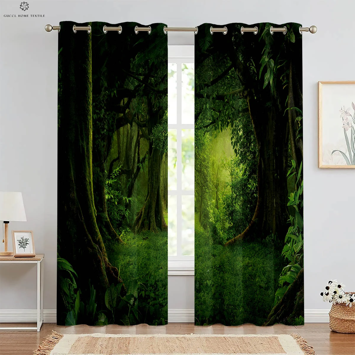 Misty Forest Green Autumn Woods 3D Printed Curtains, Suitable for Bedroom, Living Room, Study, Kitchen, 2 Pieces