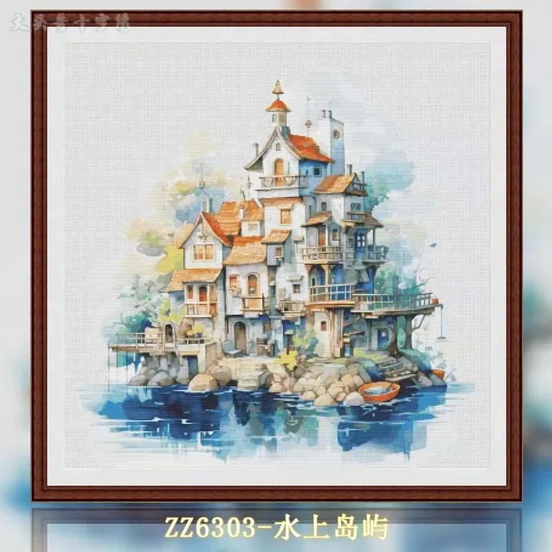 [ZZ6303-Water Island] Stamped Cross Stitch Kit 14CT 16CT Pre Printed Canvas Cotton Threads Embroidery Needlework Home Wall Decor