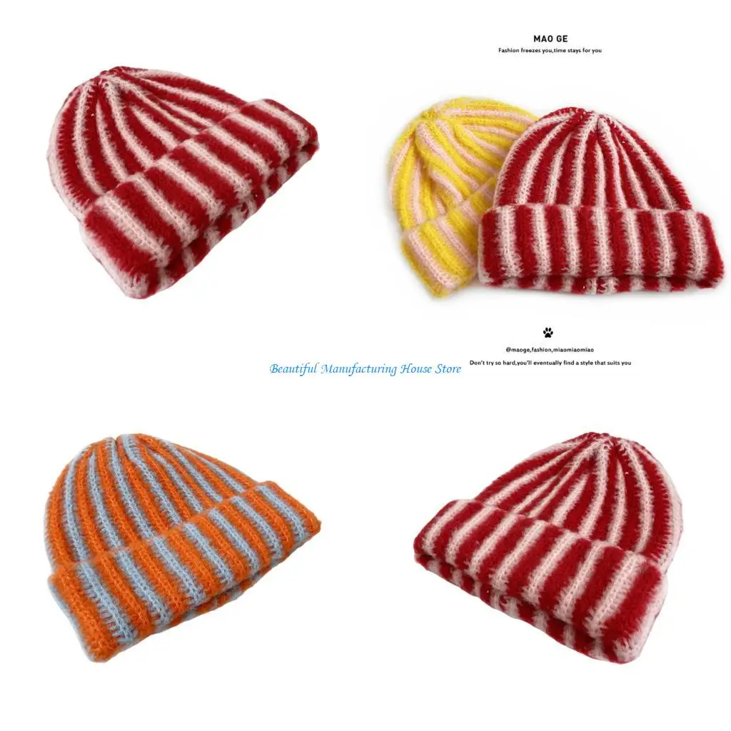 

E56A Trendy Contrast Stripe Knit Cap Pullover Skull Hat Durable Blend Comfort Pullover Thicken Hat