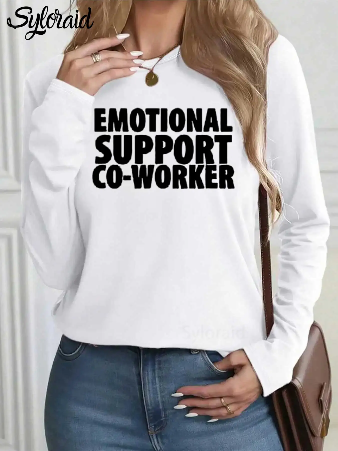 レディース長袖Tシャツ 感情的なサポート 同僚Tシャツ 面白い引用シャツ ファッション ラウンドネック カジュアルトップ