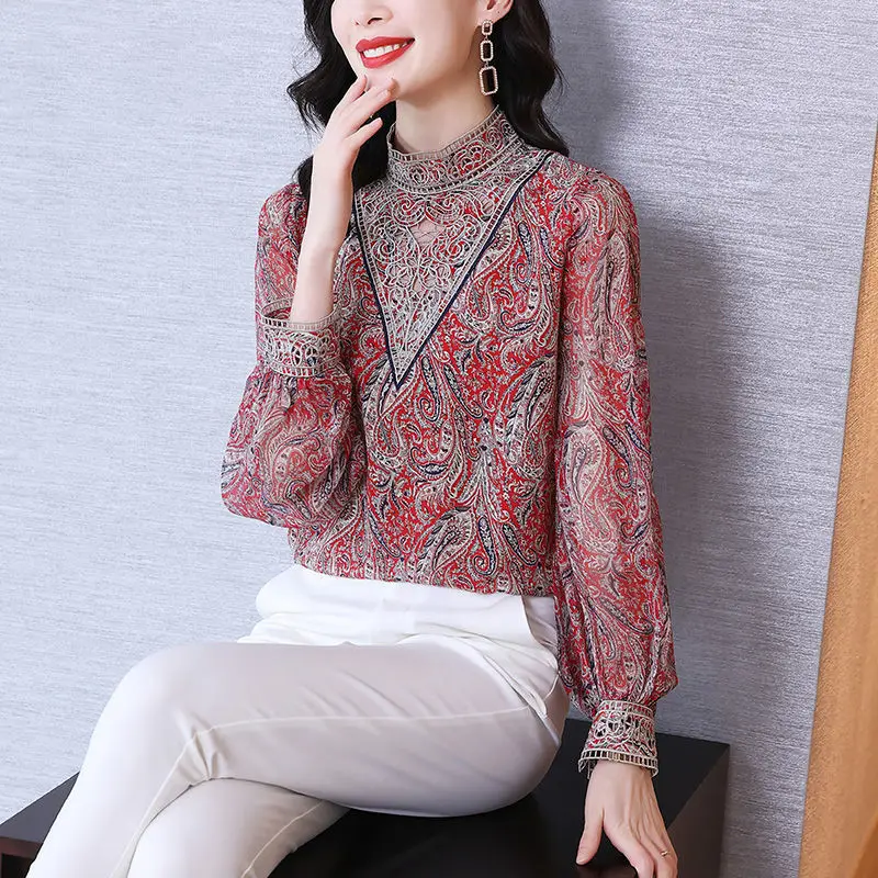 Fashion Vintage Paisley Printed Chiffon Shirt Spring Autumn Lace Embroidery Female Elegant Hollow Out Loose Stand Collar Blouse