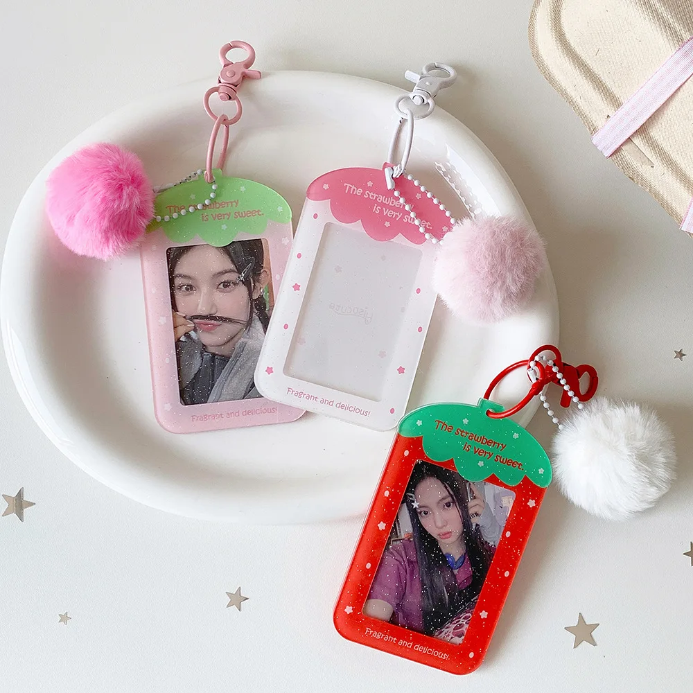 Cute Cartoon Strawberry 3-Inch Hard Photocard Holder, Hanging Photo Display Charm, Bus Pass Sleeve for Students & Girls