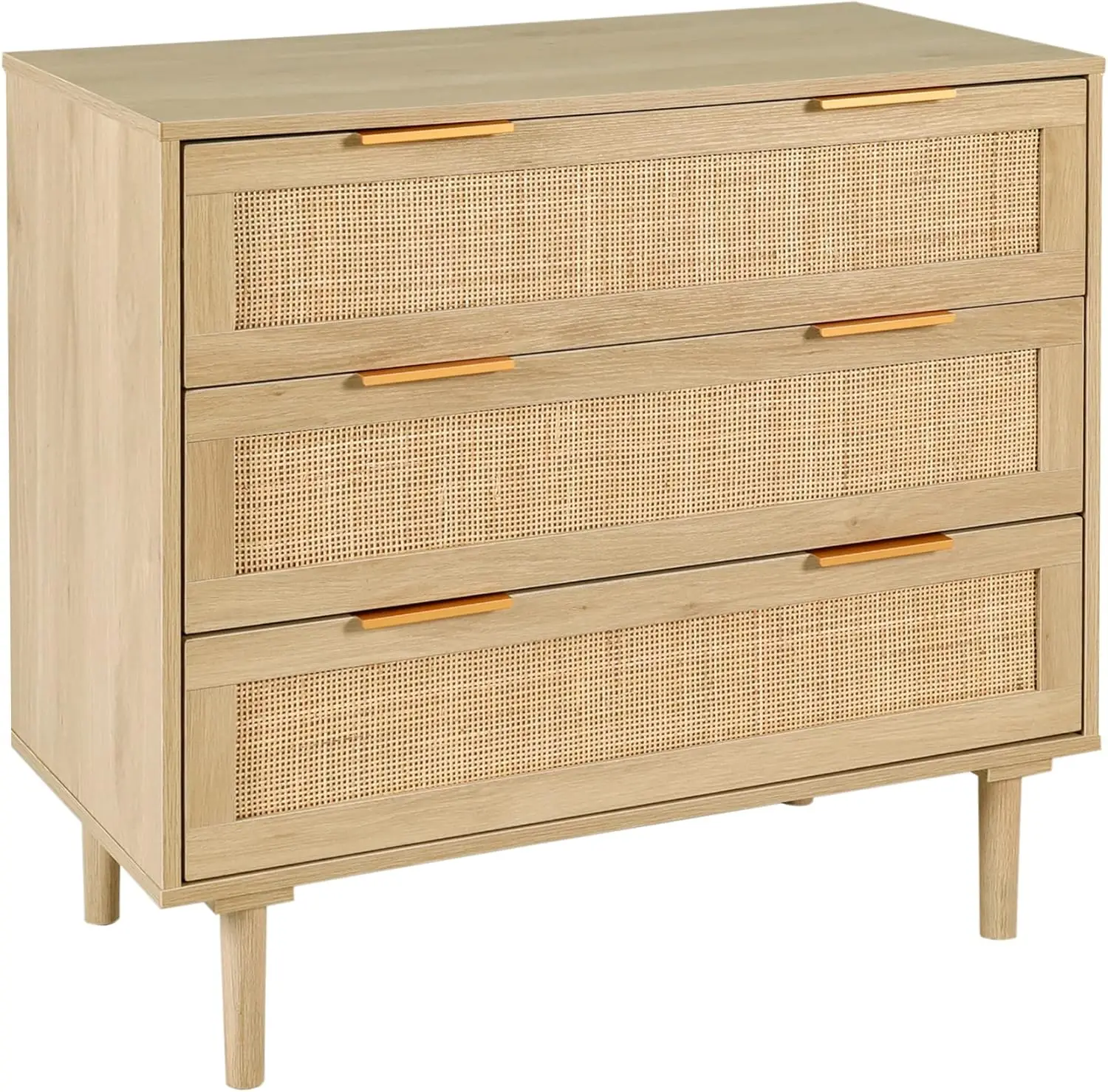 HOPUBUY 3 Drawer Dresser for Bedroom, Rattan Modern Closet Dressers Chest of Drawers, Wood Oak Storage Chest for Kids Bedroom, H