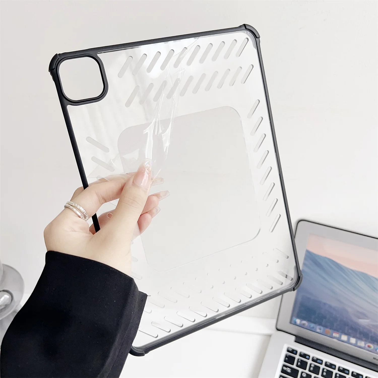 For iPad Air 11 (2026) / (2025) / (2024) Case Hollow Frameless Ventilated TPU Acrylic Clear Tablet Cover - Black