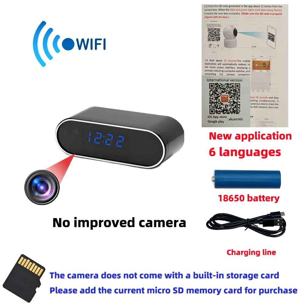 Verbeterde 4KHD mini WiFi-klokcamera, met ondersteuning voor weergave op afstand, bewegingsdetectie, infrarood nachtzicht en als mini-camera voor thuisgebruik.