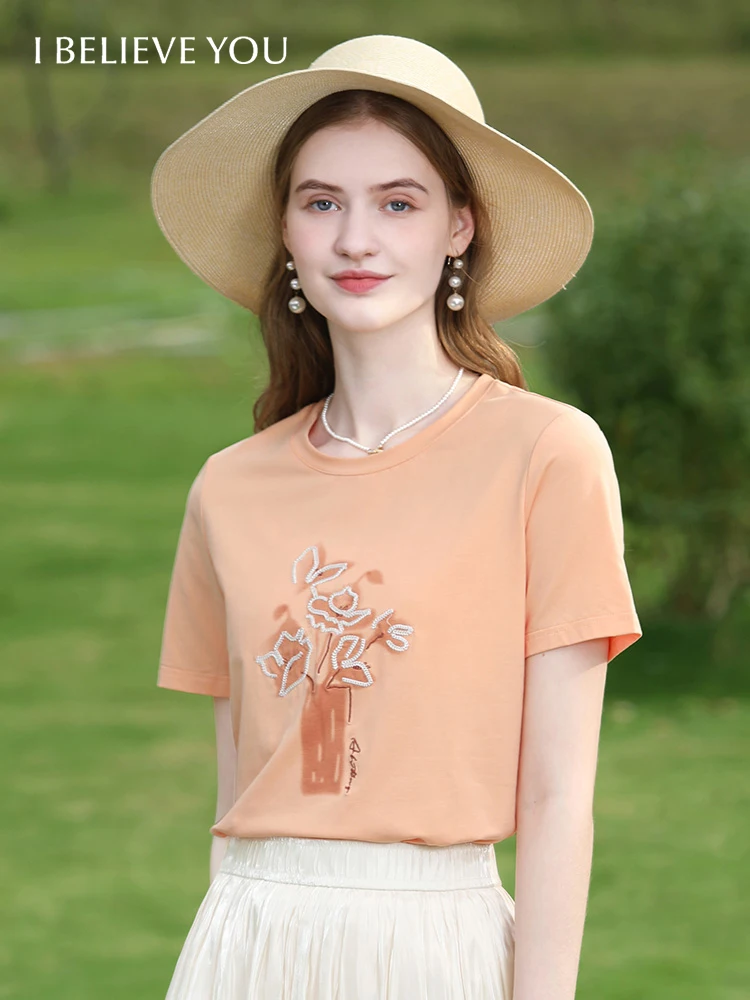 

I BELIEVE YOU T-shirt Slim Tops For Women 2024 Summer New Embroidery Short-sleeve Fresh Elegant Basics O-Neck Tees 2242015695