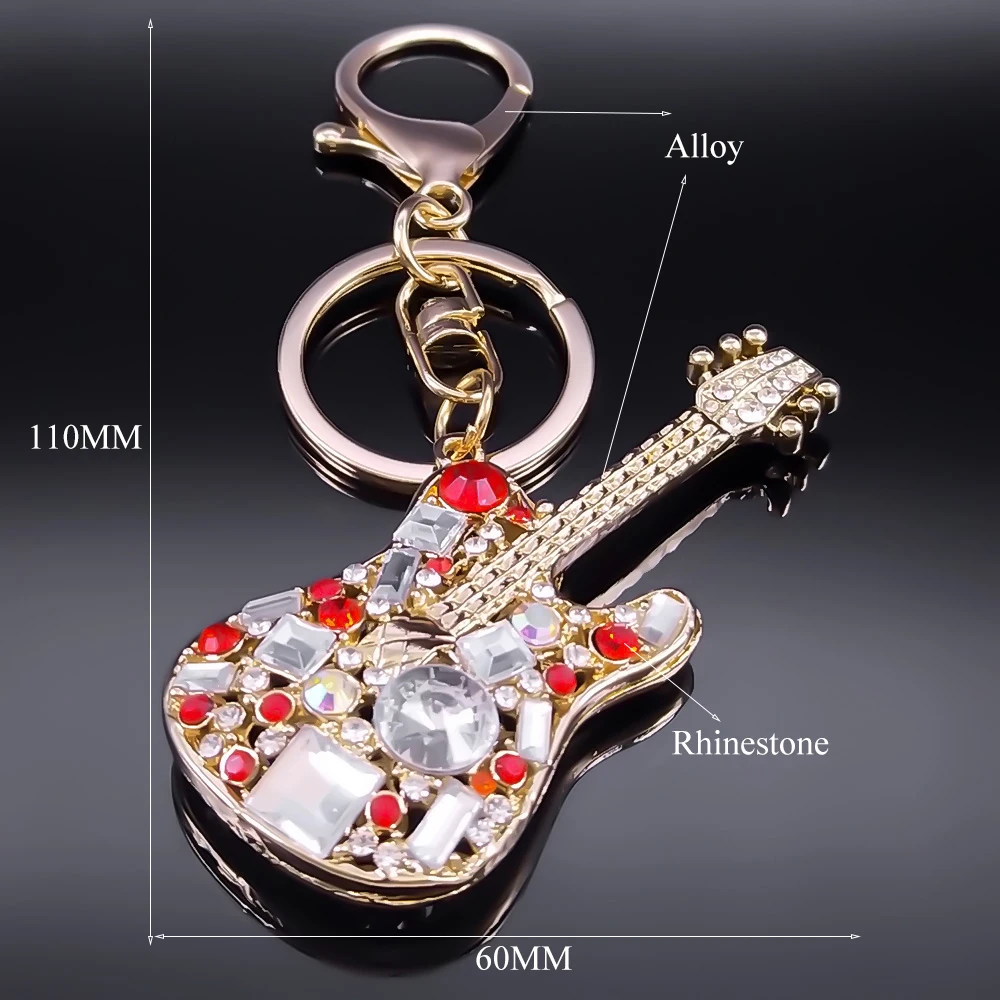 Attractive Musical Instrument Guitar Rhinestone Keyring Holder Hip Hop Music Purse Bag for Car Keychains Decorative Gift Jewelry