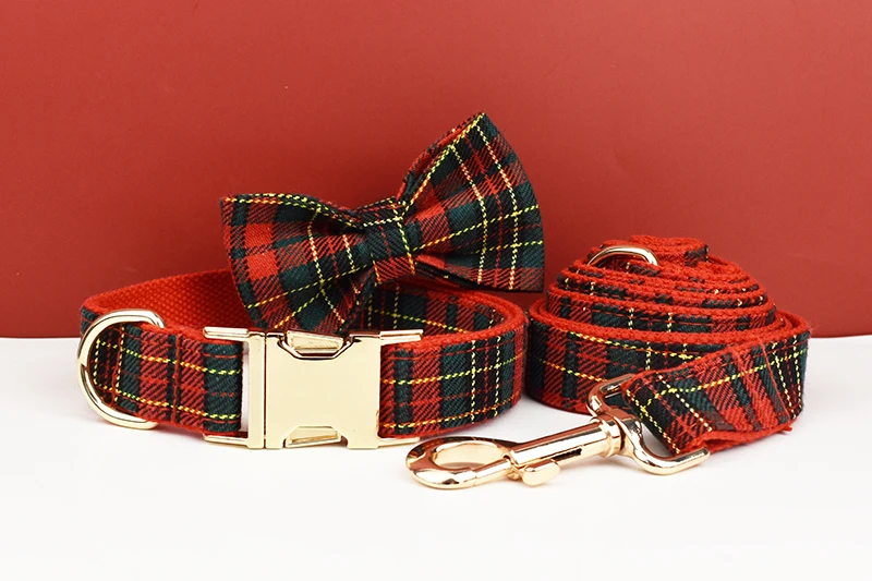 Maßgefertigtes Designer-Logo Weihnachts-Hundehalsband Rotes Karo Weiche Baumwolle mit Passender Leine Luxus-Haustiergeschirr-Set für Hunde – Detail 4