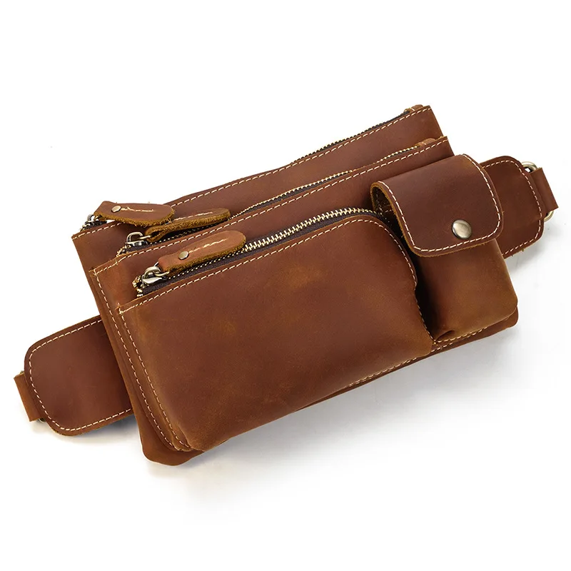 

Retro pop men's leather chest bag crazy horse skin waist bag top layer leather leisure sports messenger bag mobile phone bag