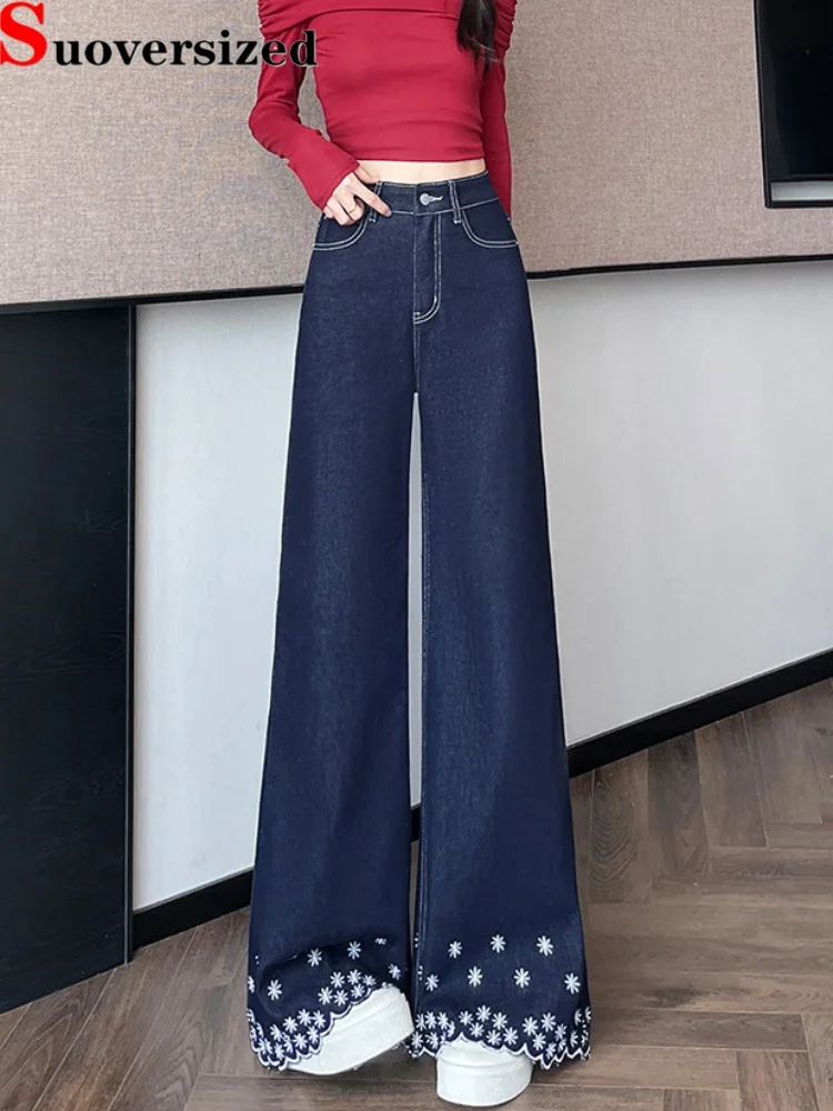

Embroidered Wide Leg Jeans Women's Casual Baggy Retro Fashion Denim Pants High Waisted Loose Lace Straight Vintage Vaqueros