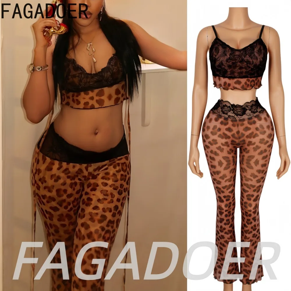 FAGADOER Fashion Leopard Print Pants Two Piece Sets Sexy Lace Patchwork Spaghetti Strap Crop Top Ruched Flare Pants Outfits New