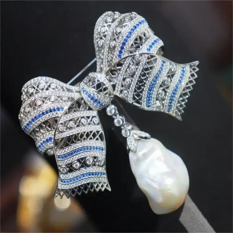 Pirmiana New Retro Design Bowknot  S925 Silver Baroque Pearl Women Brooch Cubic Zircona Gemstone Fashion Jewelry