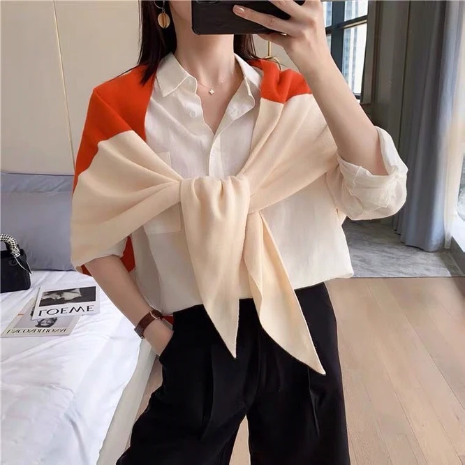 

Spring Autumn Knitted Women's Shawl Thin Cape With Skirt Air Conditioning Room Shoulder Protection Color Matching Lake Blue