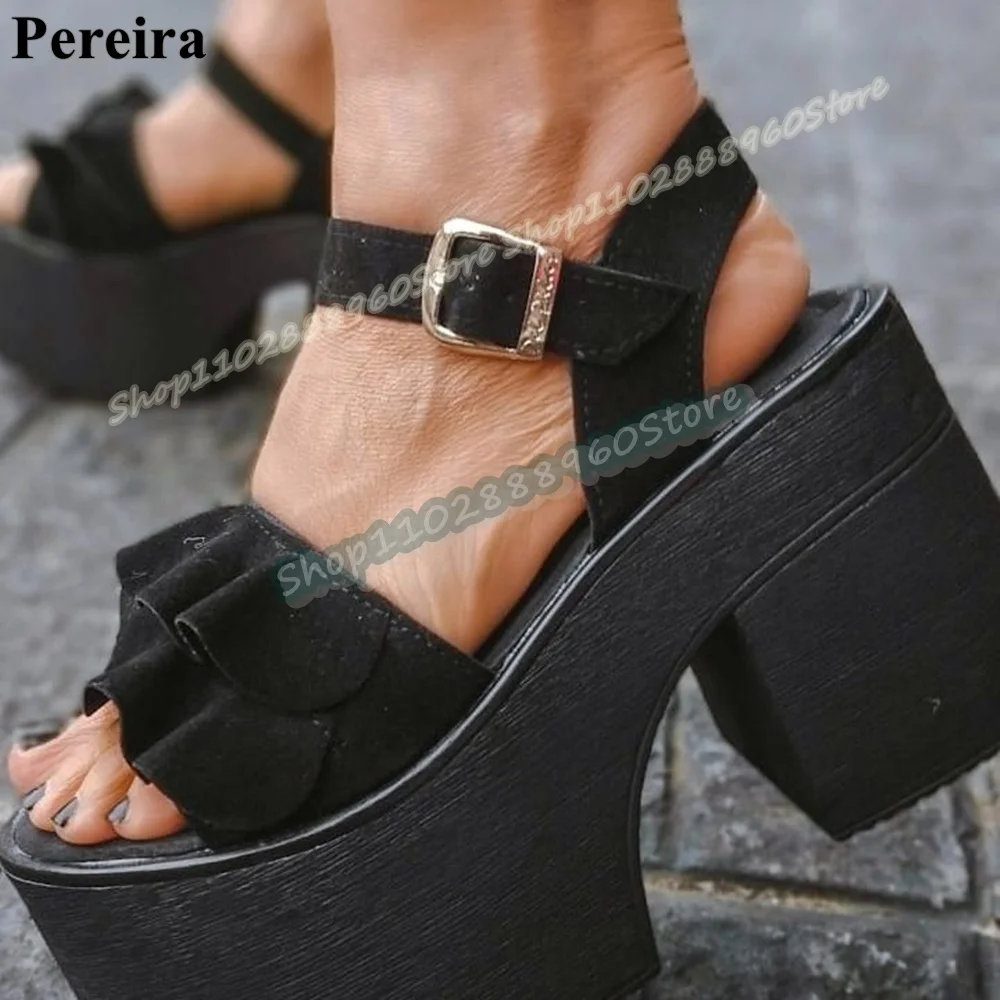 

Black Flock Ruffles Strap Platform Sandals Thick Heel Shoes For Women Ankle Buckle Strap Open Toe Fashion Zapatos Para Mujer