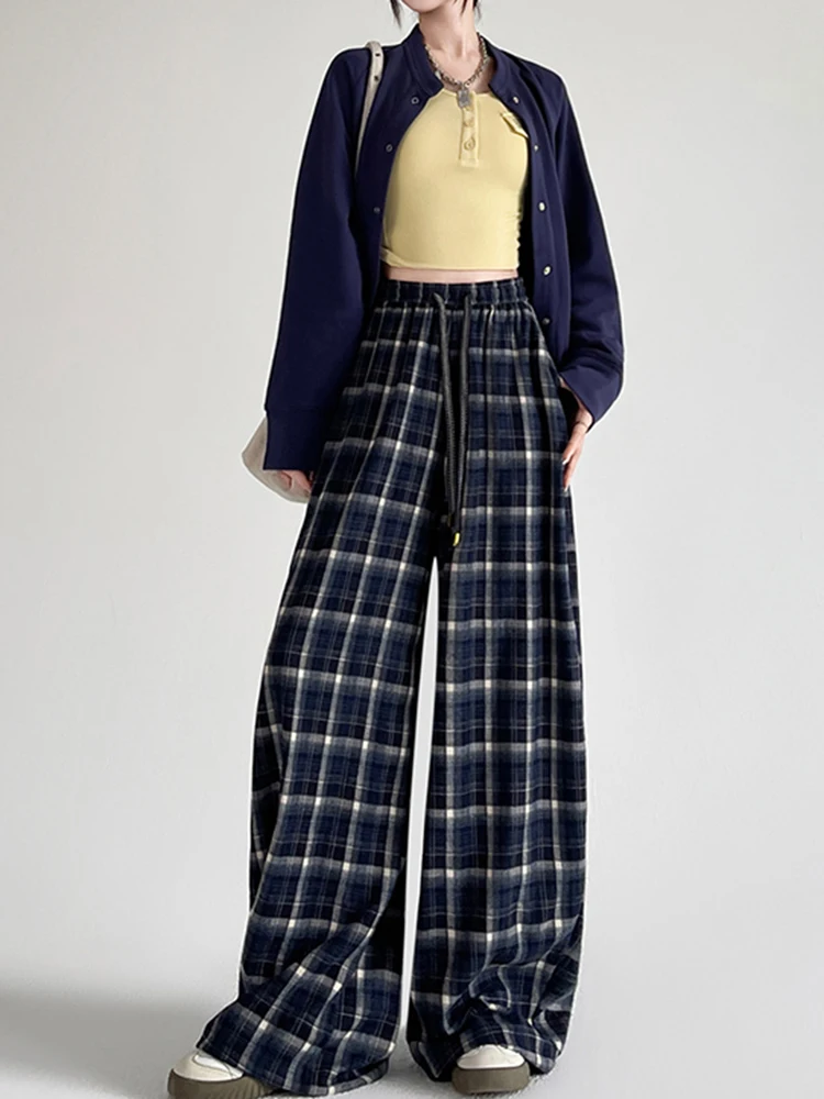 

Loose Women Plaid Pants High Waist Spring Vintage Baggy Trousers Causal Blue Y2K Female Wide Leg Pants New
