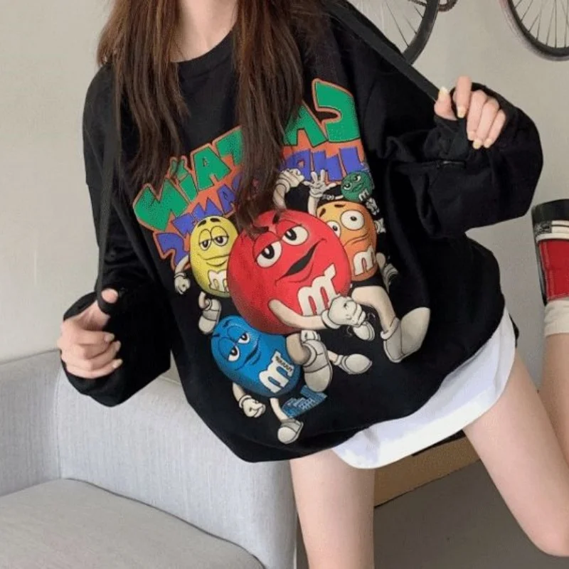 

Harajuku Fun Cartoon Graphic Top O-neck Sweatshirt Hoodie Cute Beans Print Y2K Grunge Pullover Hip Hop Loose Oversize Streetwear