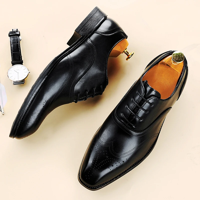 Luxury Brand Men\'s Glossy Leather Shoes Classic Brogue Shoes Lace Up Men\'s Office High-quality Business Shoes Big Size：38-48