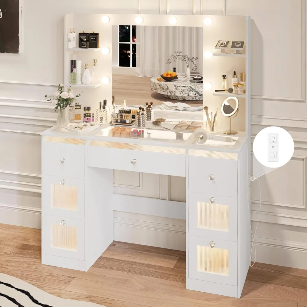 Tocador de maquillaje con luces de 3 colores, escritorio de tocador con tapa de cristal con 7 cajones iluminados, 4 estantes, toma de corriente, escritorio de maquillaje con espejo