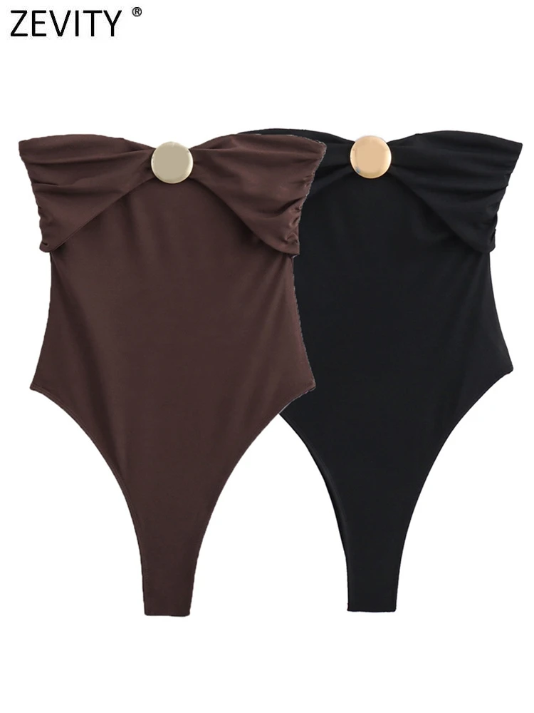 Zevity New Women Sexy Off Shoulder Metal Design Slim Bodysuits Ladies Strapless Summer Beach Wear Playsuits Mujer Rompers LS6237