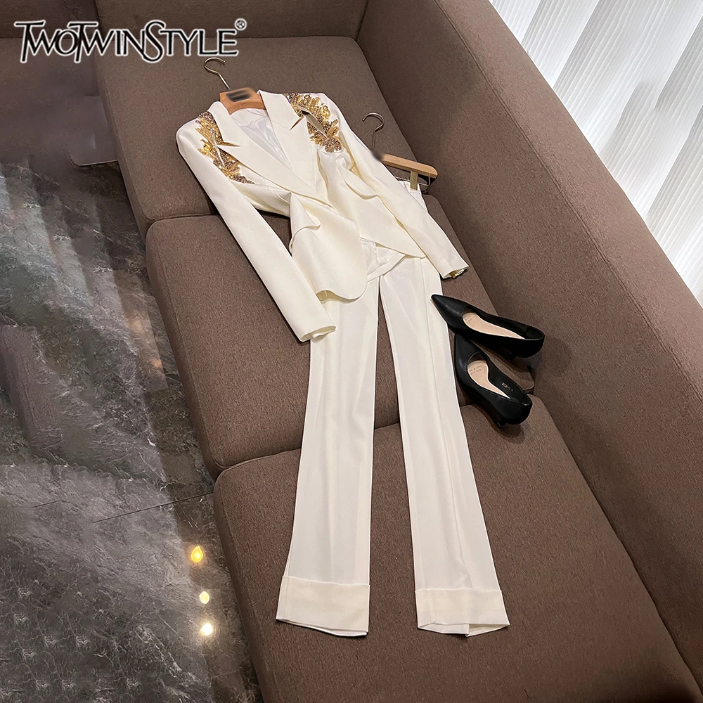 

TWOTWINSTYLE повседневные утягивающие комплекты из двух предметов для женщин, топ с длинными рукавами и лацканами, брюки с высокой талией, темпераментный комплект, женский KSE528863
