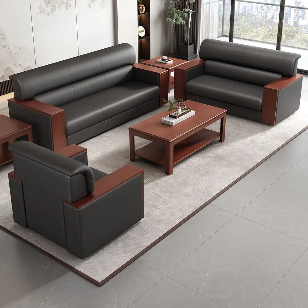 

Luxury Modern Leather Office Sofa Round Desktop Power Grommet Smart Office Desk Sofa Office Boss Sofa Set