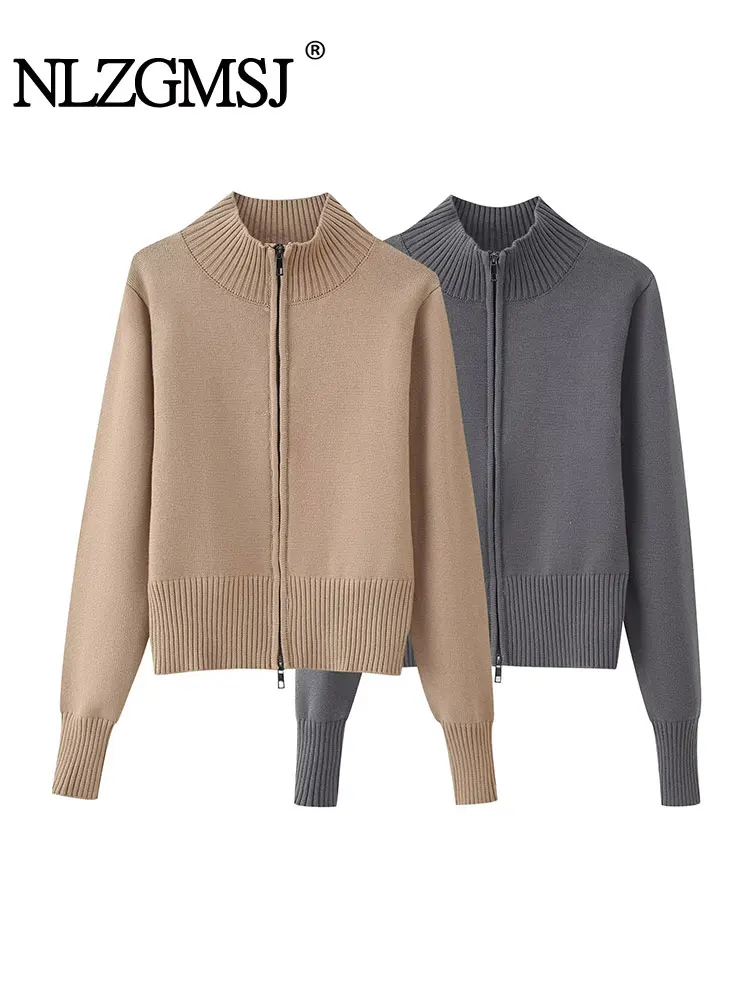 

NLZGMSJ женские модные вязаные куртки на молнии спереди винтажные с высоким воротом и длинными рукавами женский шикарный женский свитер пальто