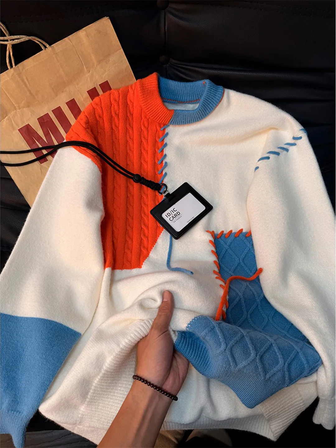 

High-End Color Blo Ne Knitted Sweater Men's Faion Design round Ne Pullover Autumn Winter Inner Couple's Line Coat Trendy