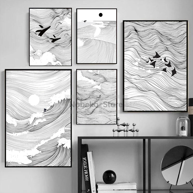 Black and White Waves Line Minimalism Surfing Poster Manta Ray Whale Orca Prints Canvas Wall Art Pictures Home Room Modern Decor