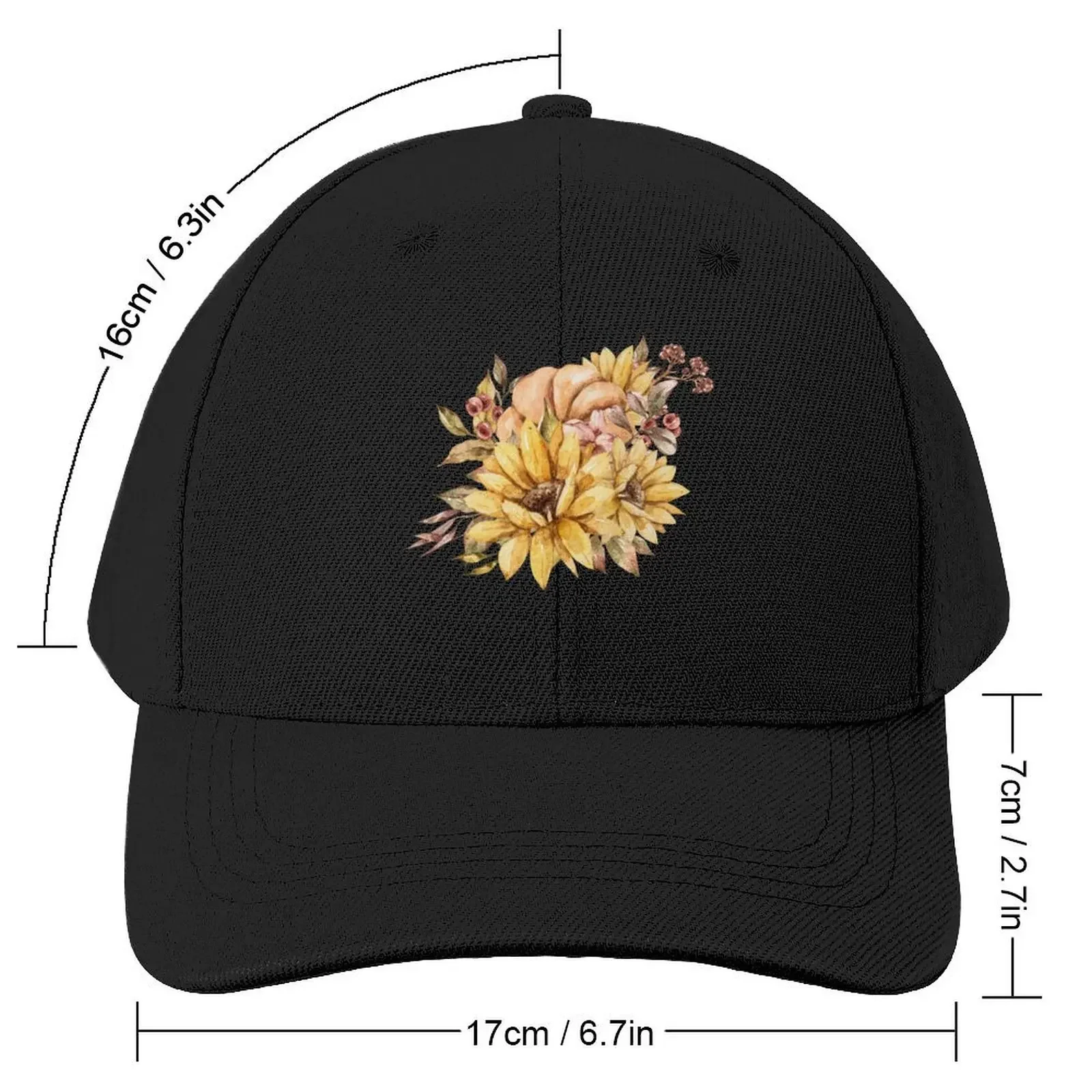 Elegant watercolor fall pumpkin and sunflower print, autumn flower bouquet illustration Baseball Cap Beach Woman Men's