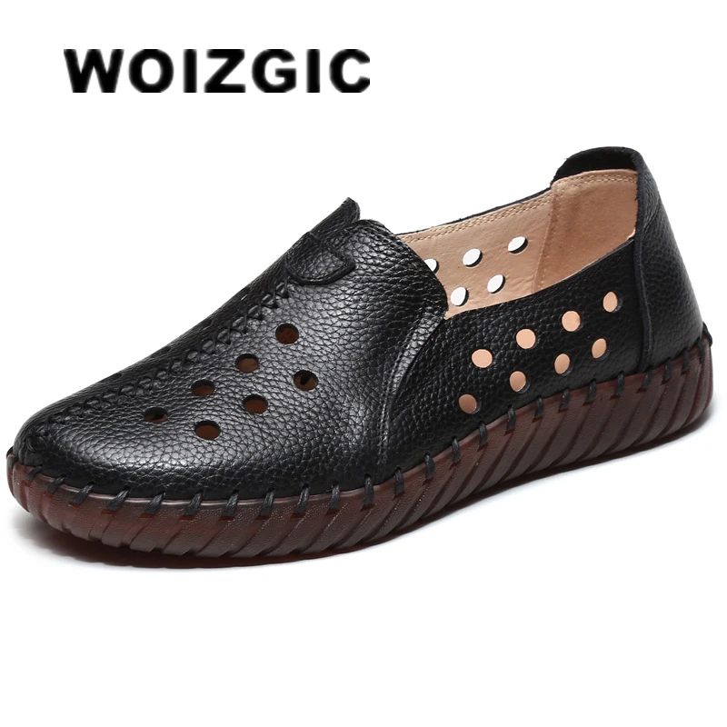 WOIZGIC Women Female Ladies Mother Genuine Leather Flats Sandals Loafers Shoes Hollow Slip On Summer Size 35-41 YYK-8852