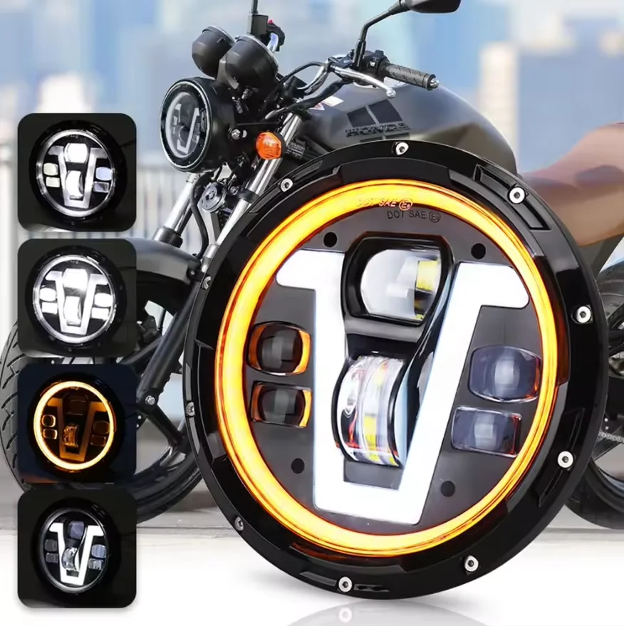 STLF  7 Inch LED Motorcycle Headlight with V Shape DRL Yellow Turn Signal High Low Beam for  Motorcycle