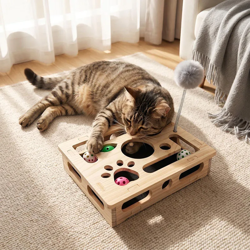 Interactive Cat Puzzle Toy Wooden Box With Feather Wand Maze Tunnel Bell Ball Entertainment Cat Toy Cat Supplies Puzzle Game Box