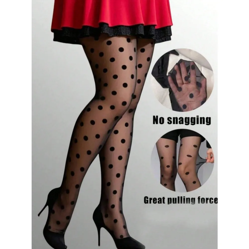Plus-size women's pantyhose-sheer shaping leggings. Black vintage large polka dot jacquard, with plenty of elasticity to create a fashionable look. See-through tights, suitable for everyday wear throughout the year.