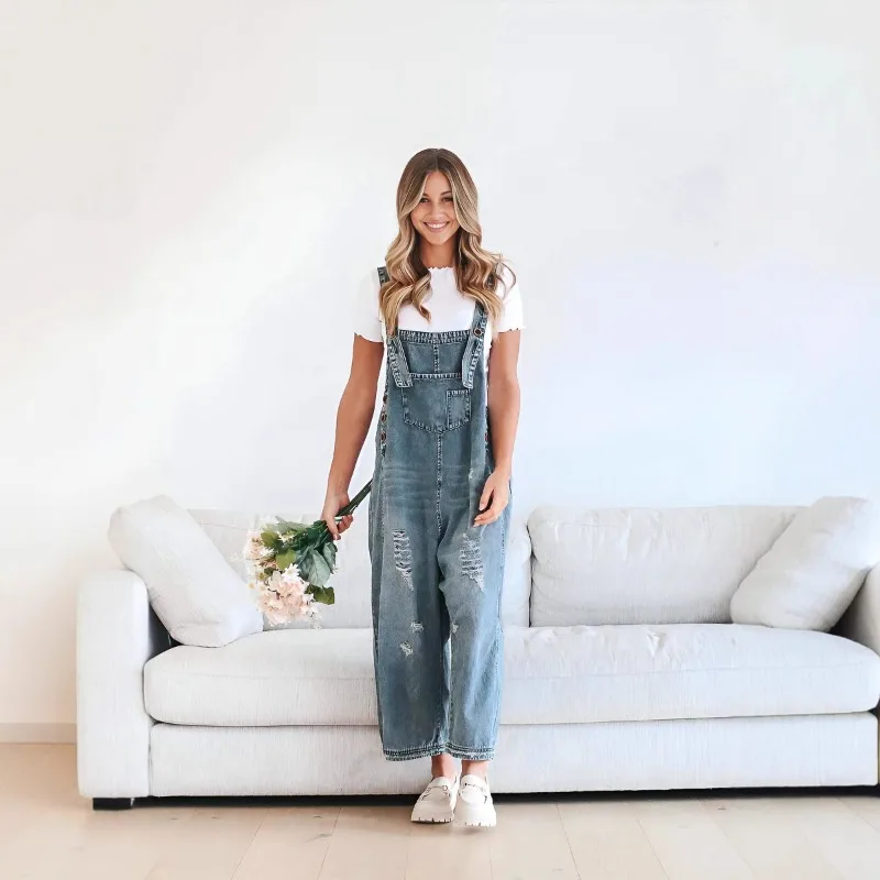 Overalls Women's Fashion Retro Distressed Relaxed Fit Wide Leg Casual Denim Pockets New Comfortable Minimalist Versatile Niche