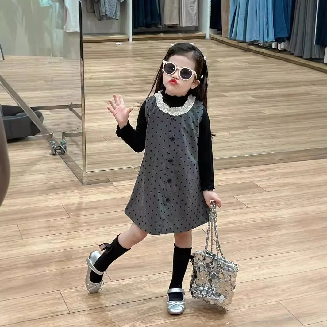 Girl Dress Autumn New 2024 Princess Wave Point Lace Collar Vest Skirt Black Ear Fungus Edge Bottom Layer Shirt Casual Simple