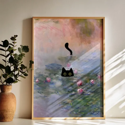 Monet Waterlily Cat Print, Claude Monet Poster, Cat Art, Floral Print, Wall Art, Monet Office Wall Decor, Living Room Wall Art