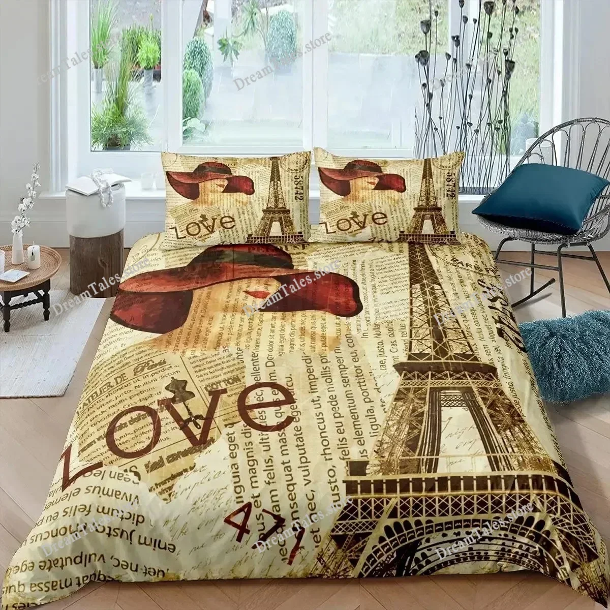 Eiffel Tower Duvet Cover Set Paris France Bedding Sets Queen Size Old Newspaper Style Comforter Cover For Men Women,Gray Stylish