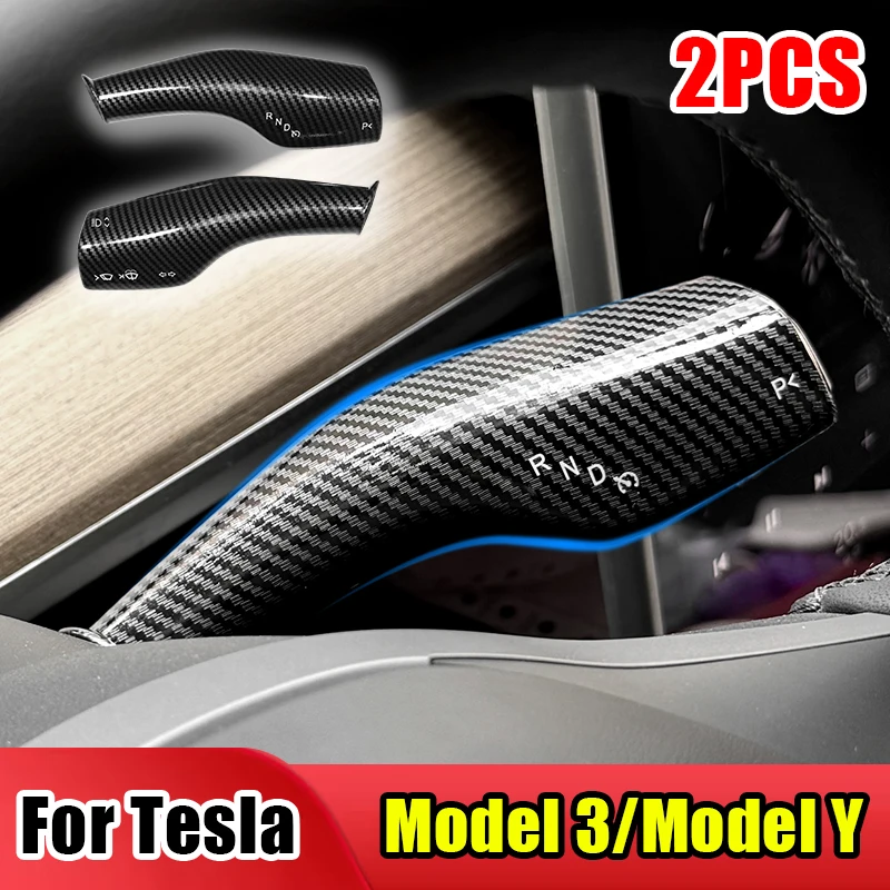 2PC Carbon Fiber Steering Wheel Whift Protection Cover For Tesla Model 3 Model Y ABS Car Column Shift Knob Cover Decor For Tesla