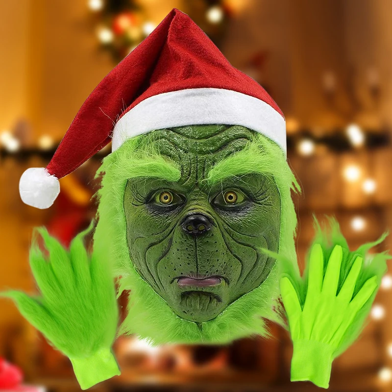 Green Fur Hair Monster Christmas Mask with Red Santa Hat Role Play Halloween Party Props Green Latex Full Head Mask Glove